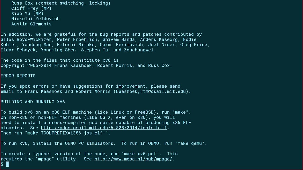 Picture of the xv6 introduction command line output
